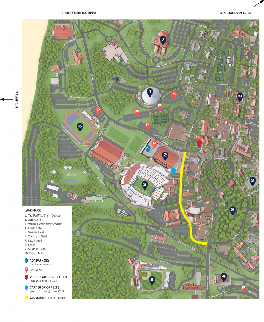 A map showing parking locations and drop-off sites for 2022 Commencement at Ole Miss