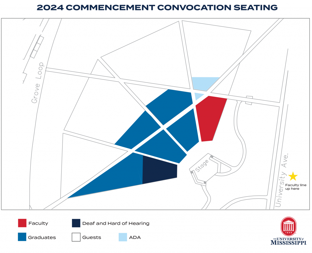 Seating map for the Ole Miss Class of 2024 Commencement Convocation that outlines where graduates, faculty, hearing impaired, ADA and other guests should sit.